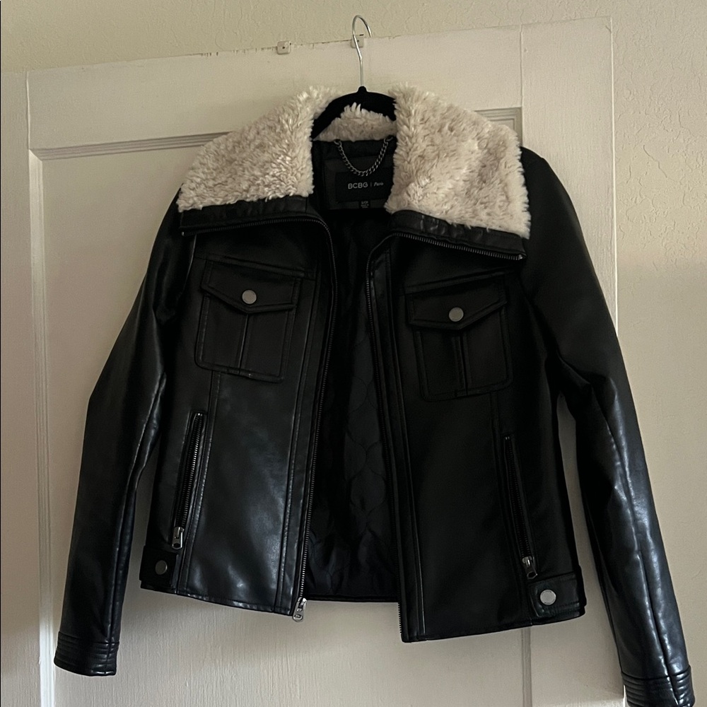 BCBG Black Faux Leather Jacket with Cream Sherpa Collar